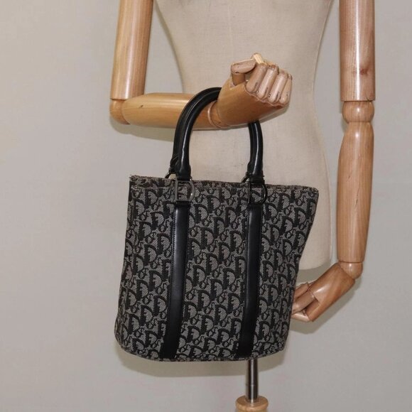 Christian Dior Trotter Canvas Hand Bag Black Silver Auth